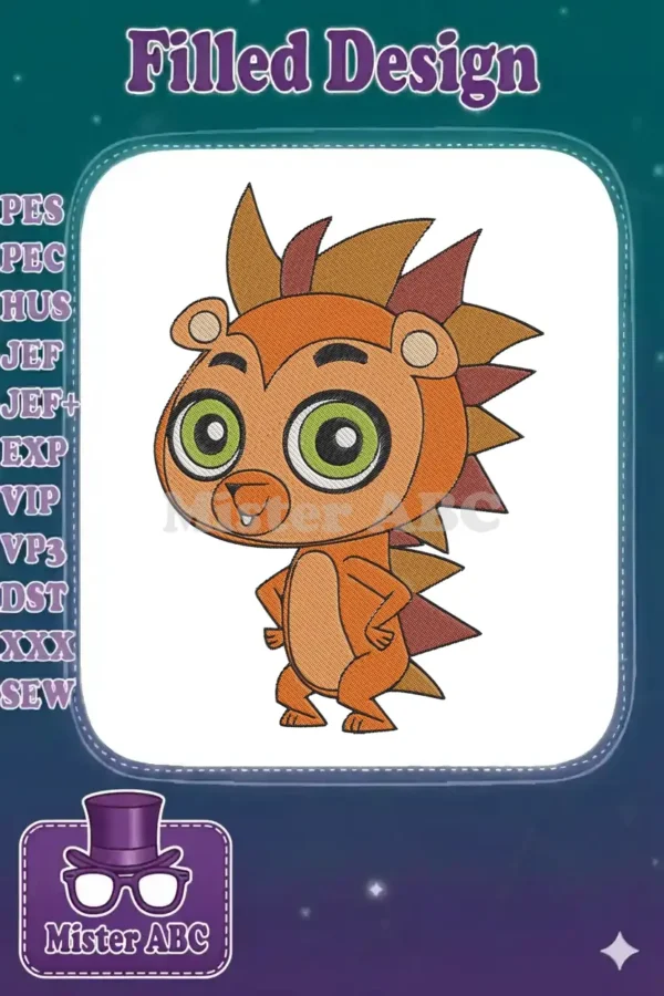 A cheerful Russell Ferguson embroidery design, featuring vibrant orange, green eyes, and spiky details, on a white background.