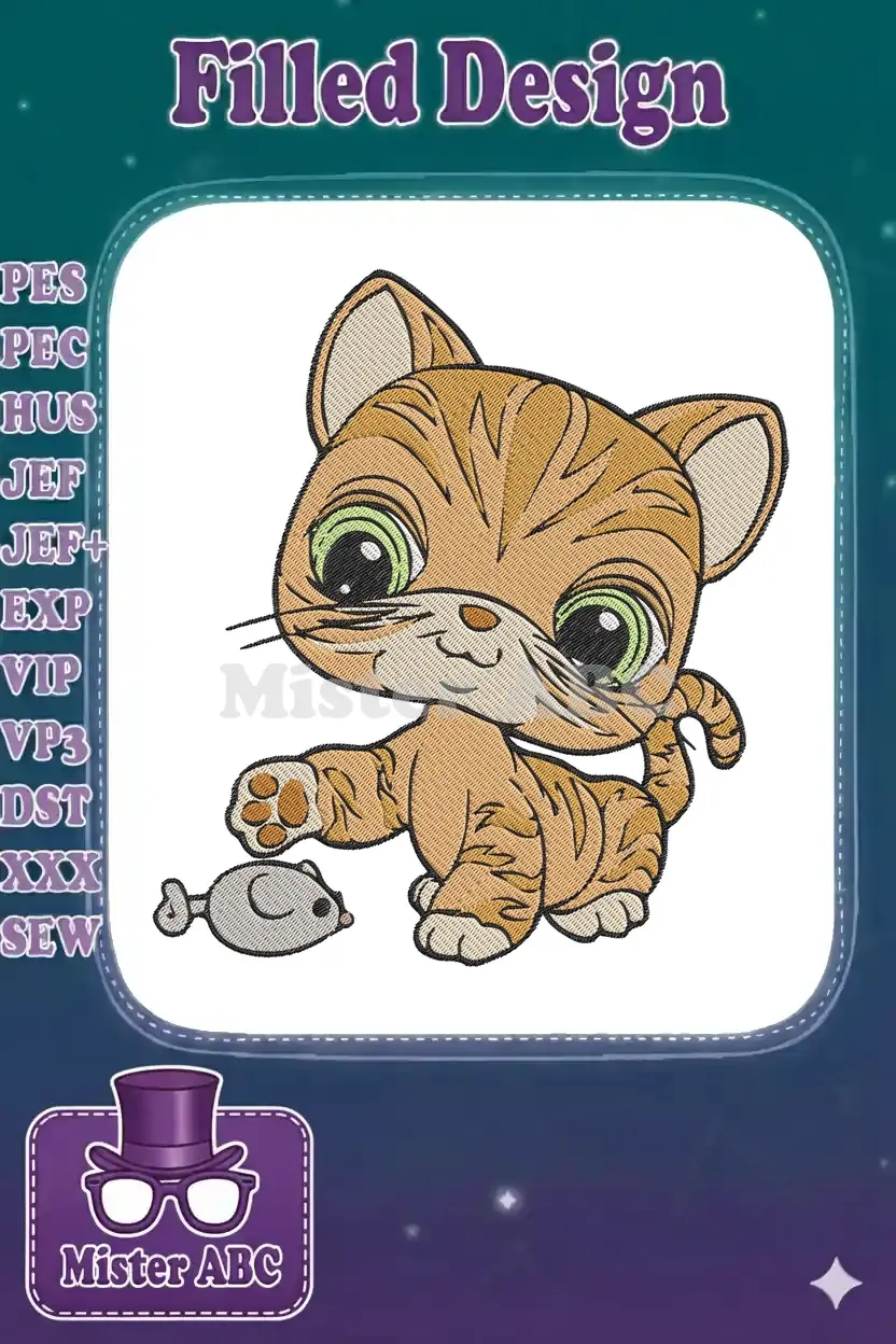 Charming orange tabby kitten embroidery design with large green eyes, playfully reaching for a grey fish toy.