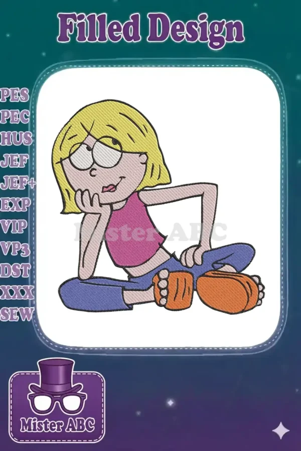 Lizzie McGuire embroidery design, featuring the character in a relaxed pose with vibrant yellow hair and pink top.