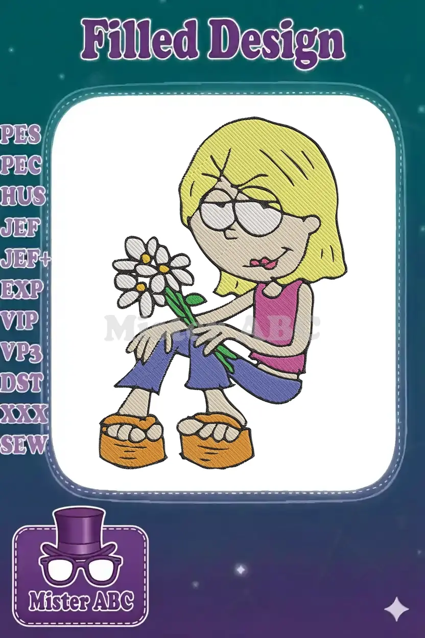 Embroidery design of a blonde girl with glasses, pink top, blue pants, and orange sandals, holding daisies. Captures a classic animated character style.