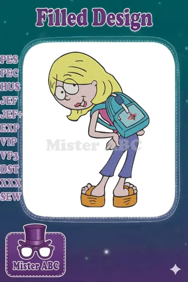 A detailed embroidery design of Ginger Foutley from 'As Told by Ginger,' wearing a backpack and platform sandals.