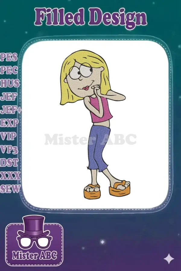 Lizzie McGuire embroidery design, featuring her iconic blonde hair, pink top, and blue pants, in an expressive pose.