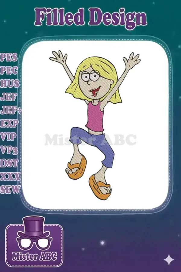 Lizzie McGuire embroidery design, a vibrant cartoon character jumping with arms up, pink top, blue pants.