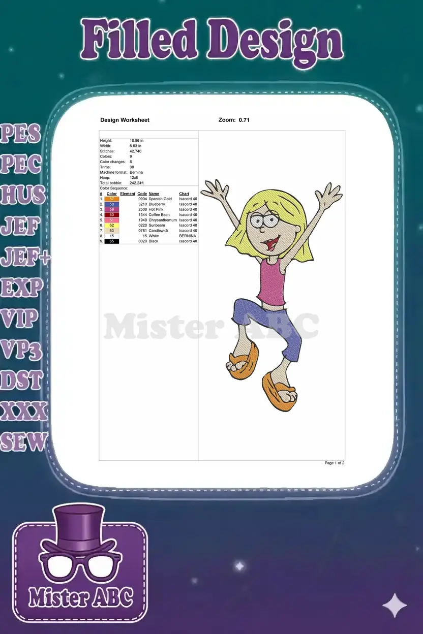 Embroidery design worksheet for Lizzie McGuire, showing dimensions, stitch count, colors, and thread chart.