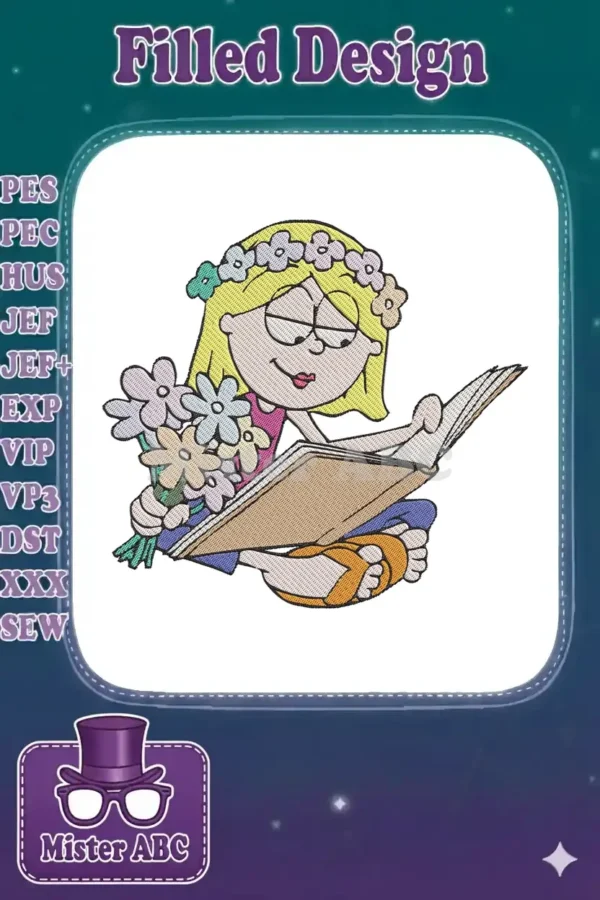 A cheerful blonde girl wearing a flower crown, holding a bouquet, and engrossed in reading a book, perfect for youthful projects.