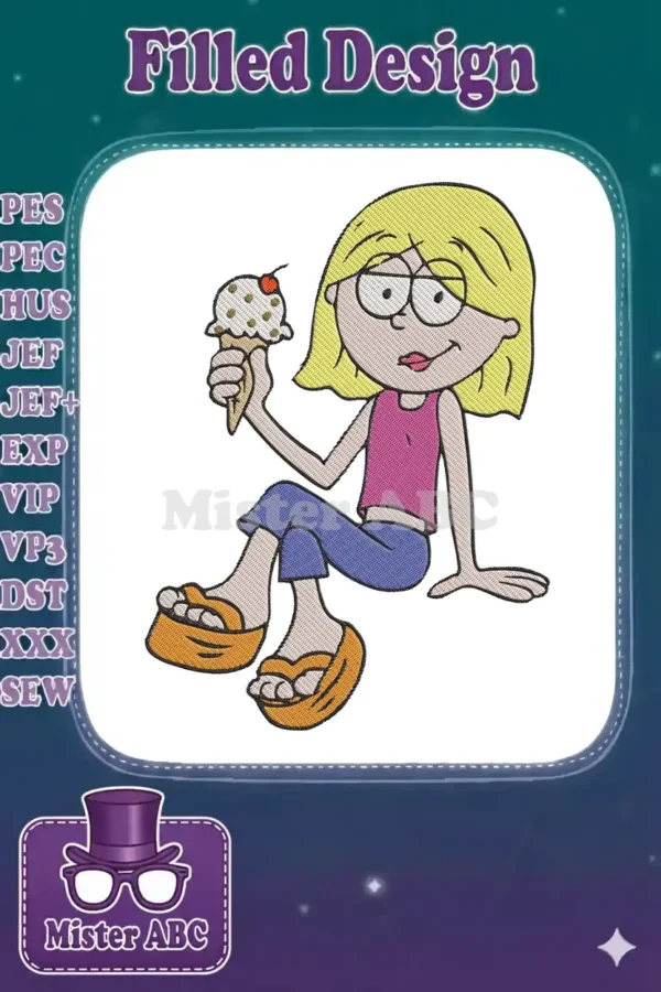 Full view of a blonde cartoon girl with glasses, sitting, holding an ice cream cone, ready for embroidery.