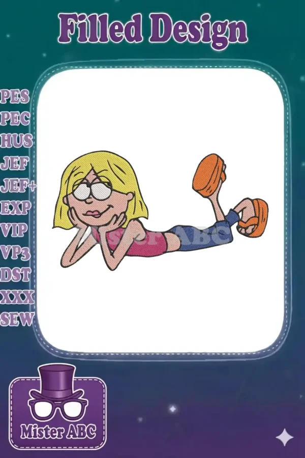 Lizzie McGuire embroidery design, featuring the character lying down, head in hands, smiling cheerfully.