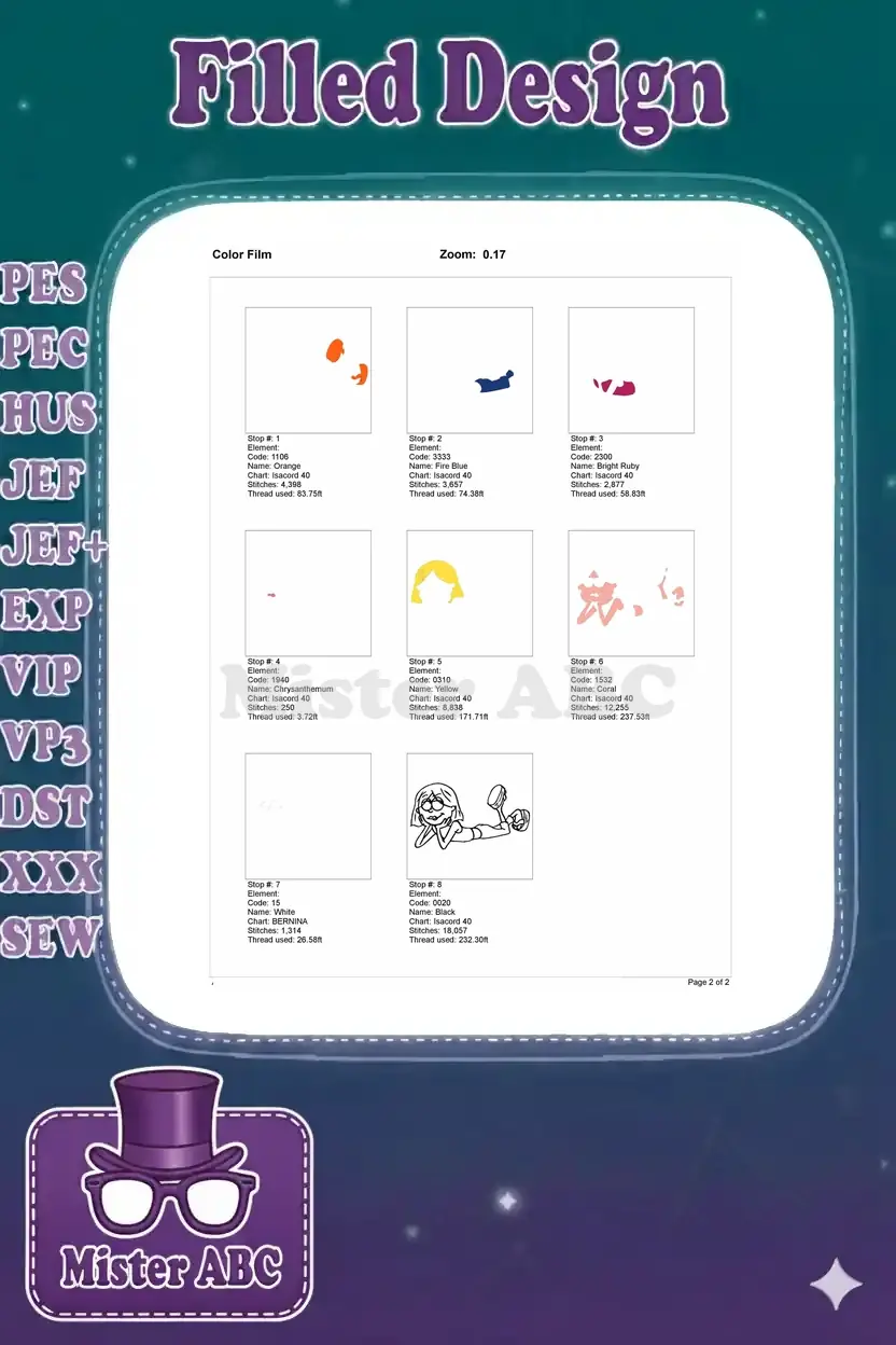Color film breakdown for Lizzie McGuire embroidery, showing each thread color layer with stitch counts.