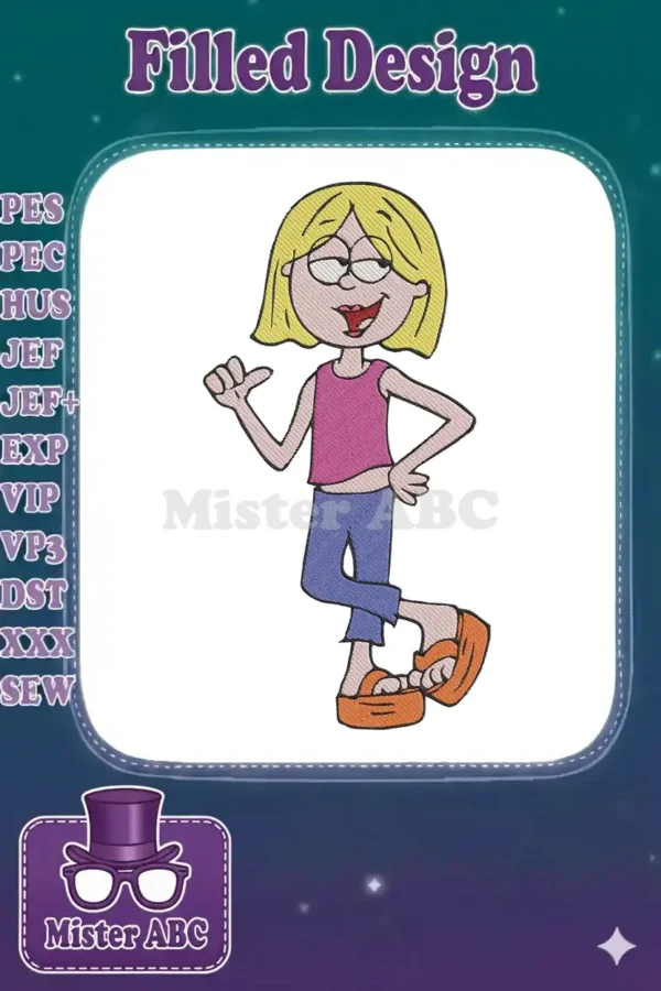 Vibrant embroidery design featuring Lizzie McGuire, a blonde cartoon character in a pink top and blue pants.