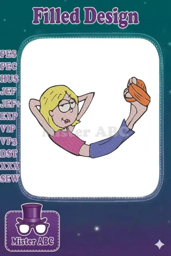A charming embroidery design of a blonde cartoon girl, Lizzie McGuire, lounging with hands behind her head.