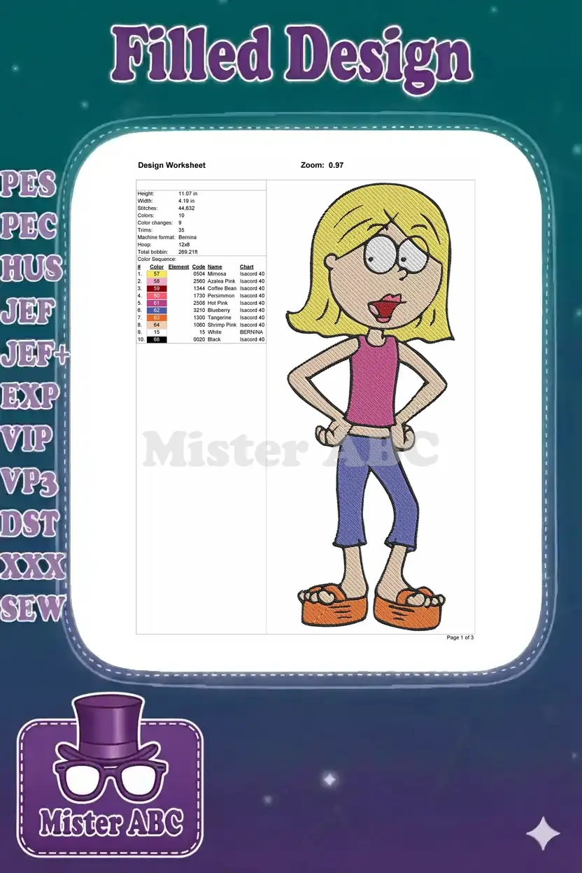 Embroidery design worksheet showing Lizzie McGuire, size, stitch count, color chart, and thread details.
