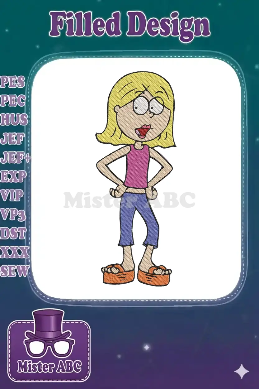 Full-body embroidery design of Lizzie McGuire with blonde hair, pink top, blue pants, and orange sandals.