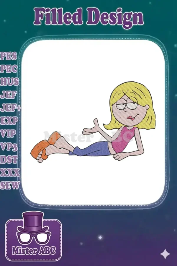 Embroidered cartoon girl with blonde hair, pink top, blue pants, and orange sandals, lying in a relaxed pose.