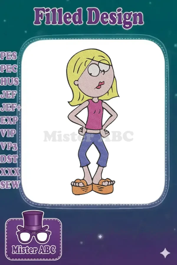 Full-body Lizzie McGuire embroidery design, featuring her iconic pose, blonde hair, glasses, and casual outfit.