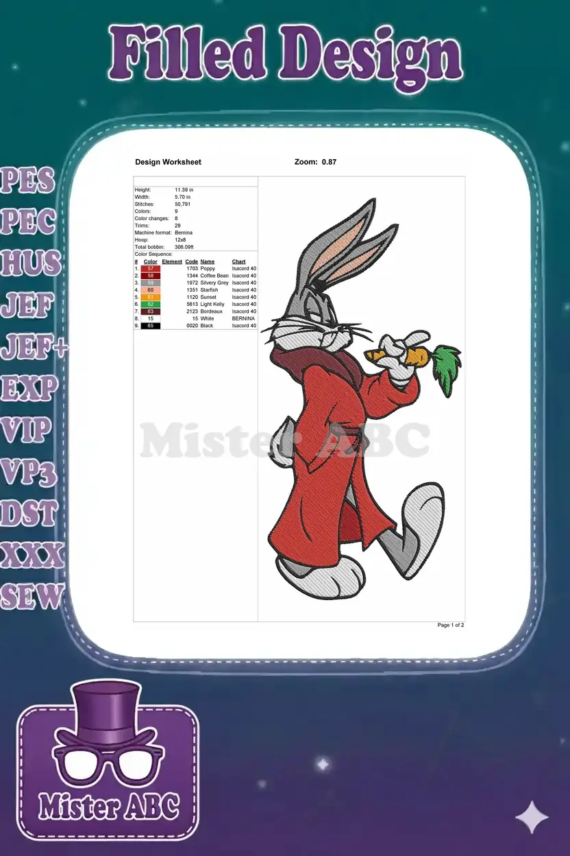 Embroidery design worksheet for Bugs Bunny, detailing dimensions, stitch count, color sequence, and machine info.