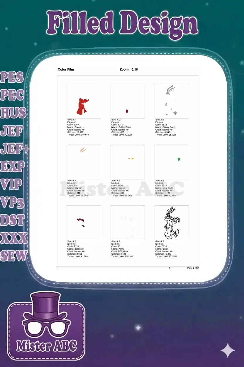 Color film breakdown for the Bugs Bunny embroidery design, showing individual stitch elements per color stop.