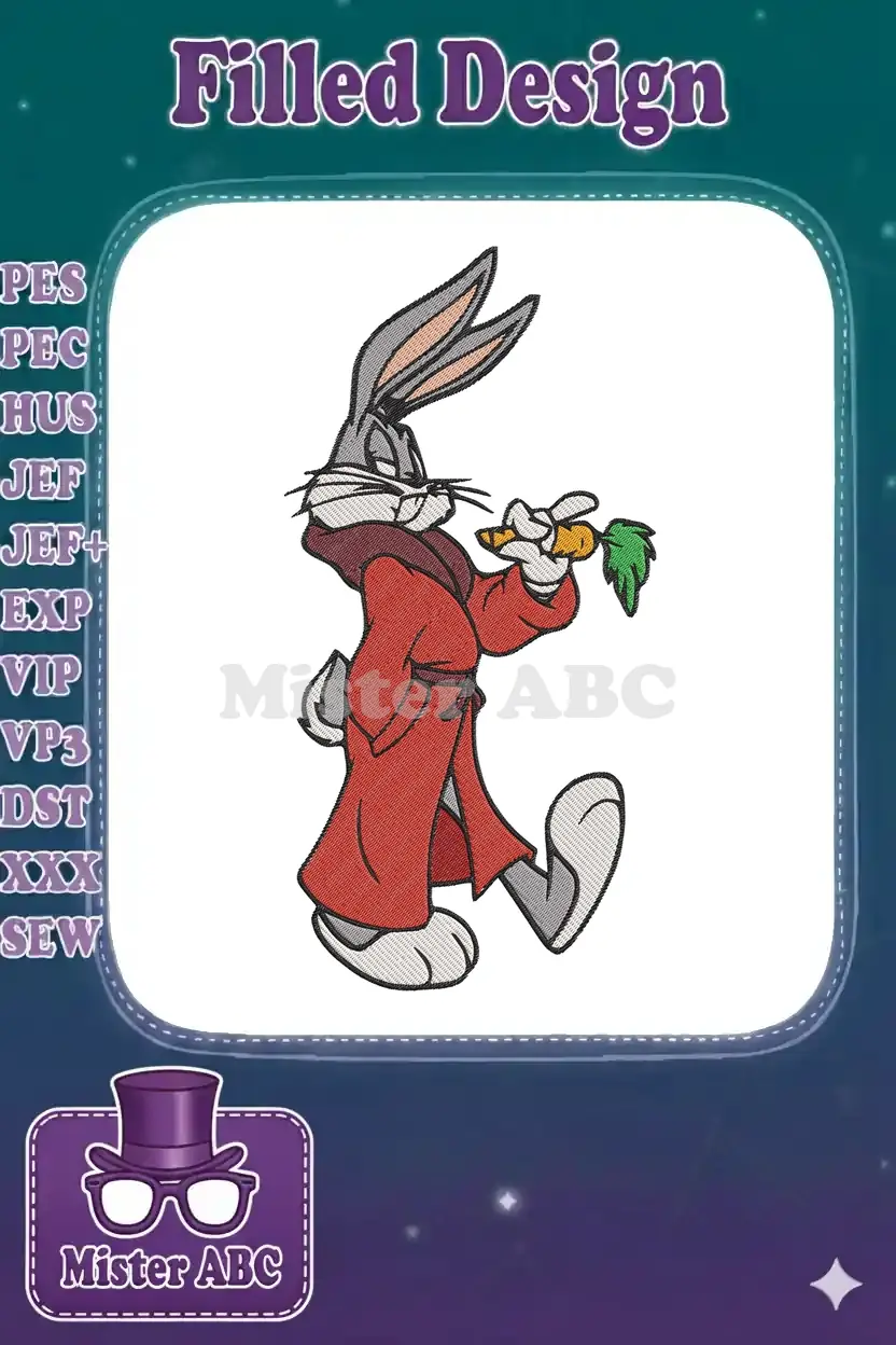 Bugs Bunny in a red robe, holding a carrot, walking. A detailed, vibrant embroidery design on a white background.