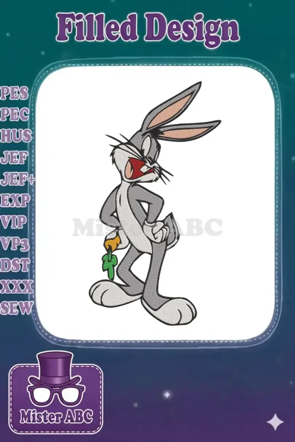 Detailed embroidery of Bugs Bunny, standing with a mischievous grin and holding a carrot, ready for your projects.