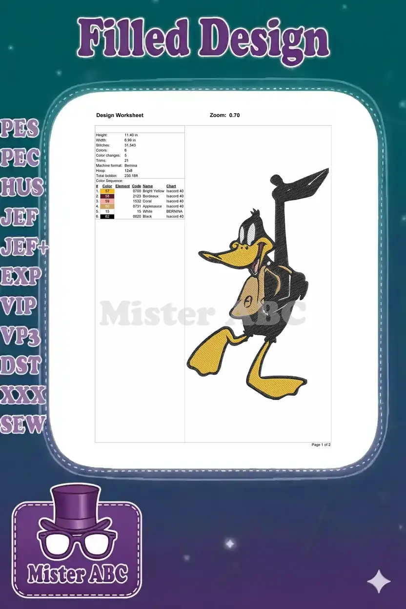 Embroidery design worksheet for Daffy Duck, detailing dimensions, stitch count, thread colors, and machine settings.