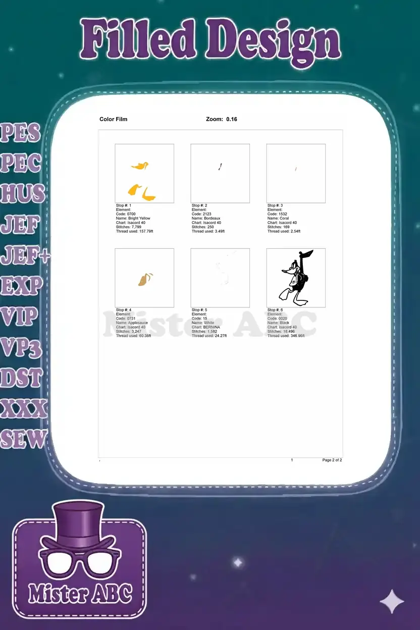 Color film breakdown for the Daffy Duck embroidery, showing the stitching sequence for each of the six thread colors.