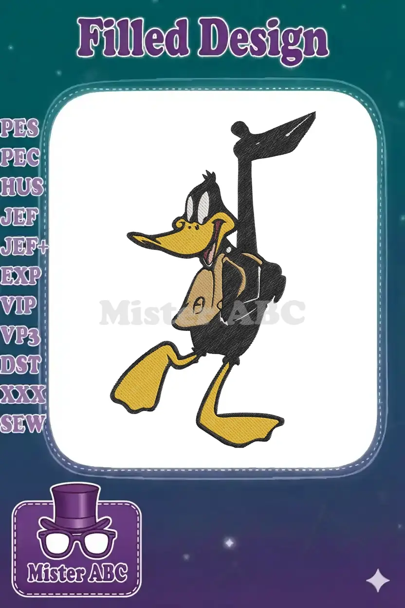 A vibrant, embroidered Daffy Duck design, featuring the iconic character in a lively, expressive pose with bold colors.