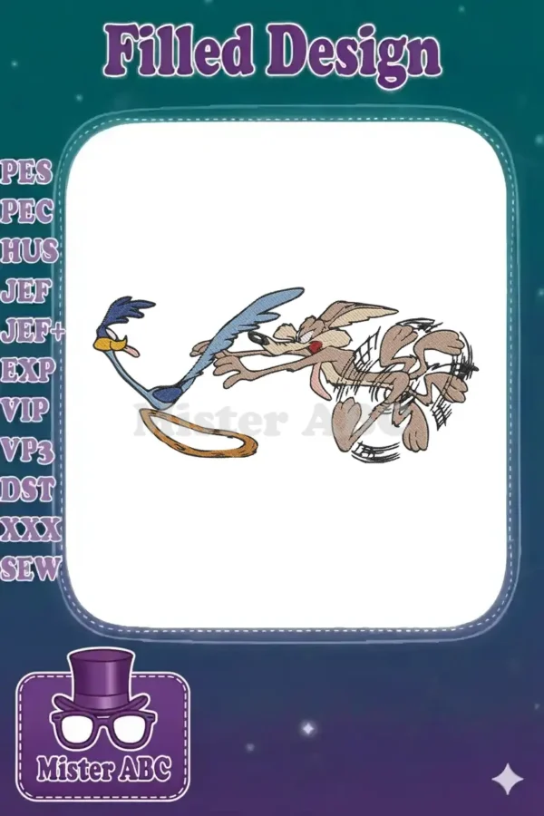 High-quality embroidery design featuring Wile E. Coyote in a frantic chase of the Road Runner, full of dynamic motion.