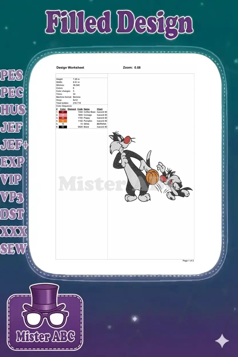 Embroidery design worksheet displaying dimensions, stitch count, color sequence, and machine format details.