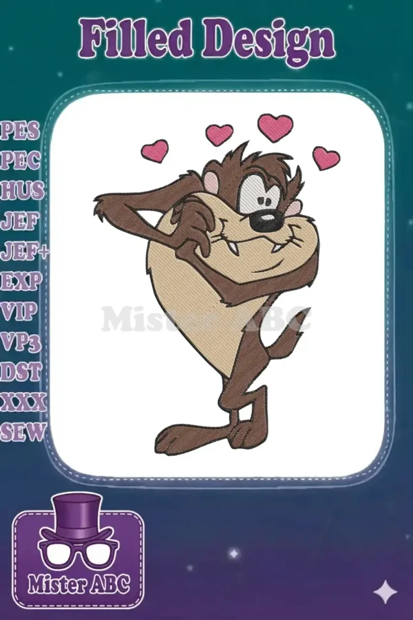 A charming embroidery design of Taz, the Tasmanian Devil, looking bashful with pink hearts floating around his head.