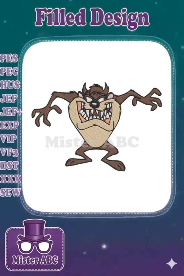 A vibrant, detailed machine embroidery design of Taz, the Tasmanian Devil, roaring with arms outstretched.