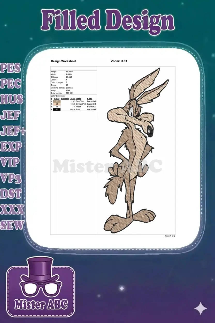 Wile E. Coyote embroidery design worksheet, detailing dimensions, stitch count, colors, and machine format.