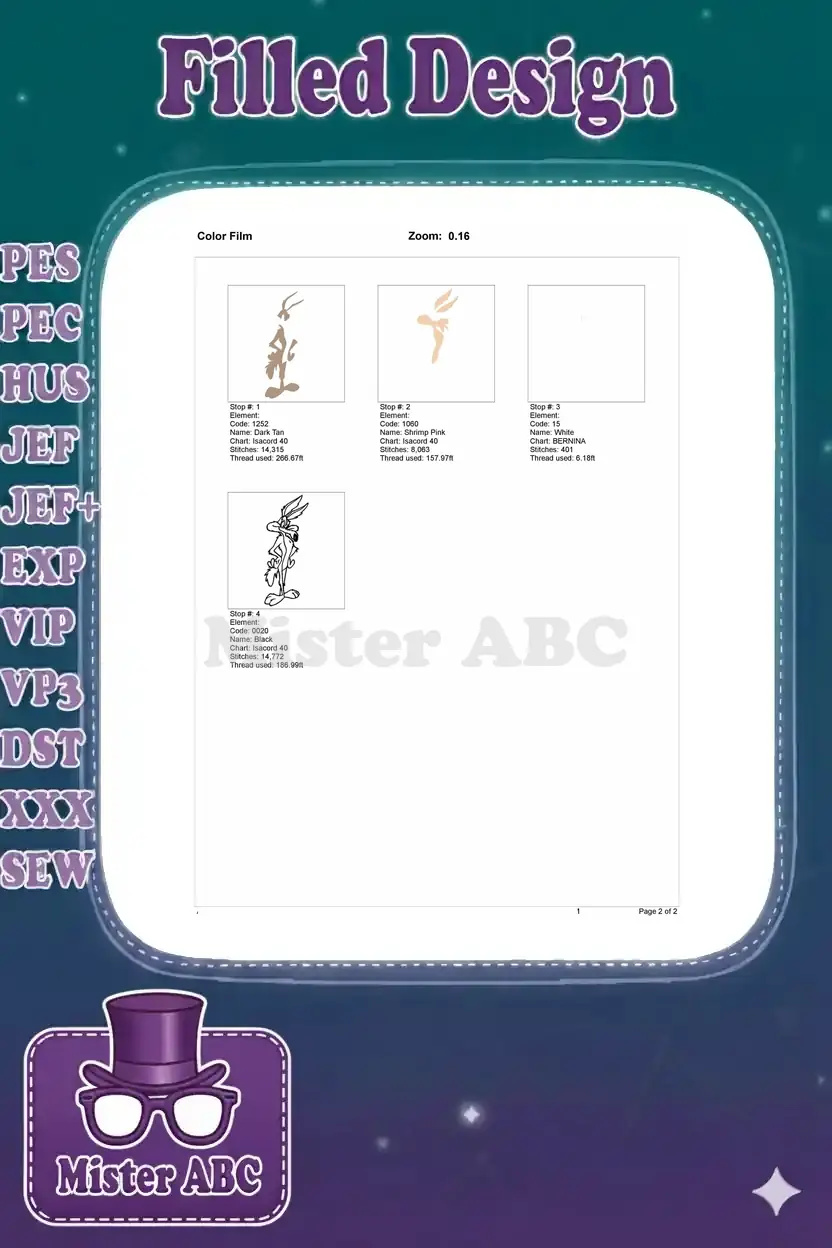 Color film breakdown of the Wile E. Coyote embroidery, showing stitch order and thread usage per color stop.