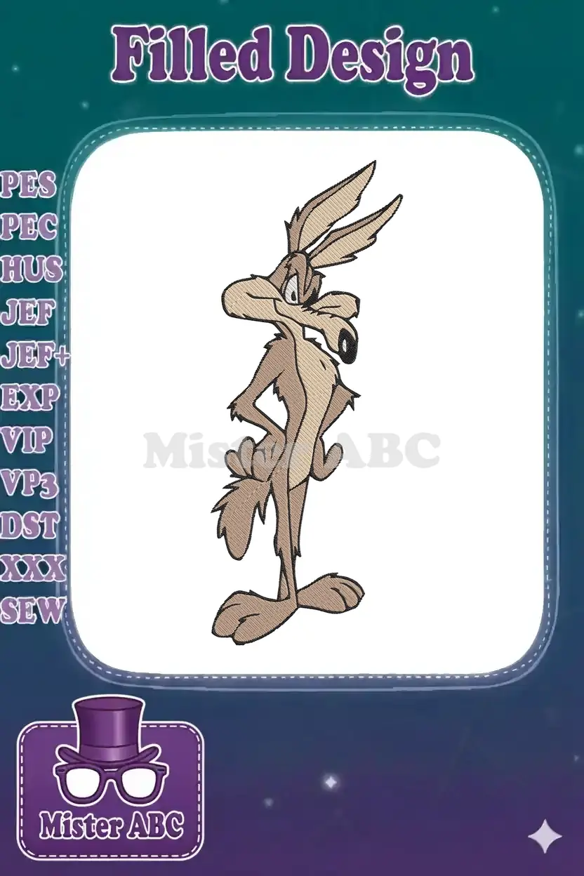 A detailed embroidery of Wile E. Coyote, standing hands on hips, looking cunning, in classic cartoon style.