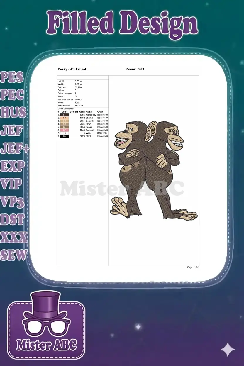 Embroidery design worksheet detailing dimensions, stitch count, color sequence, and machine compatibility.