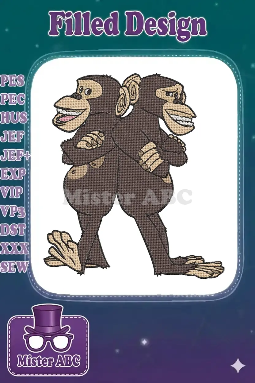 Detailed embroidery design of two cartoon chimpanzees, back-to-back with crossed arms and distinct expressions.