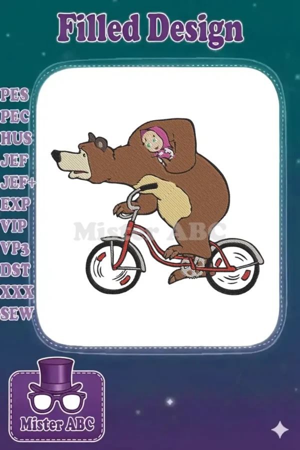 A delightful Masha and the Bear embroidery design showing the bear riding a bicycle with Masha on his back.