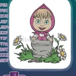 Cute Masha cartoon girl in bucket with flowers embroidery designs - Instant Download