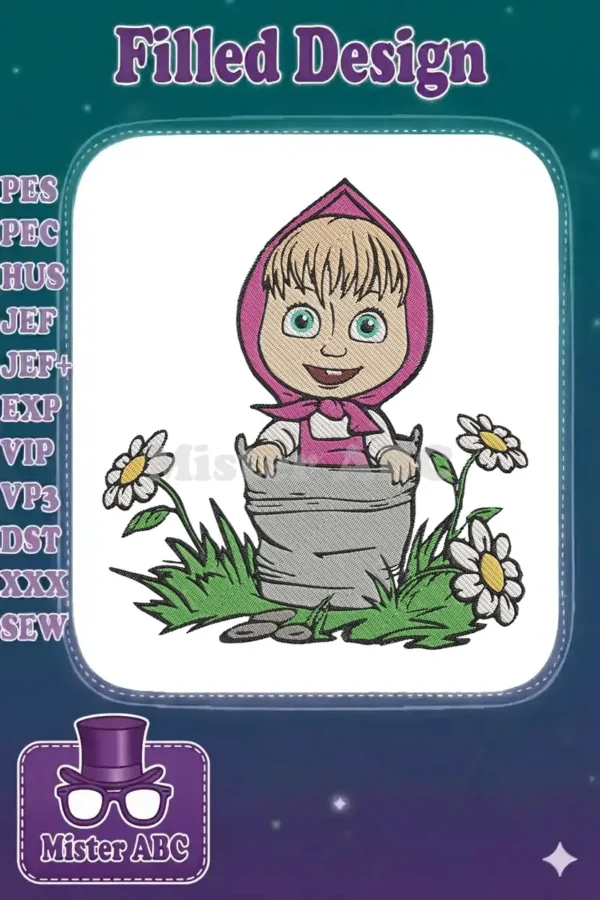 A cheerful Masha from the popular show, sitting playfully in a grey bucket, surrounded by green grass and white daisies.