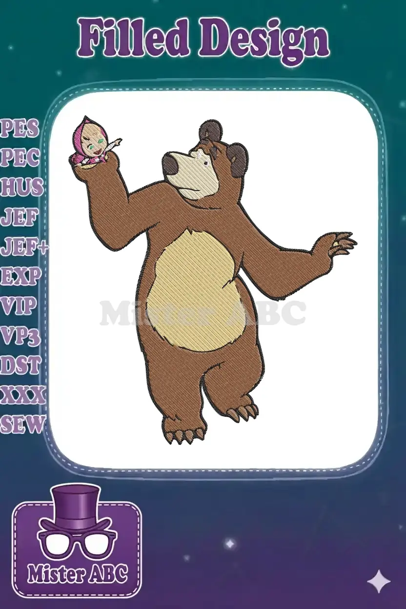 Masha and the Bear embroidery design featuring the large brown bear holding a small girl in his hand, full of detail.