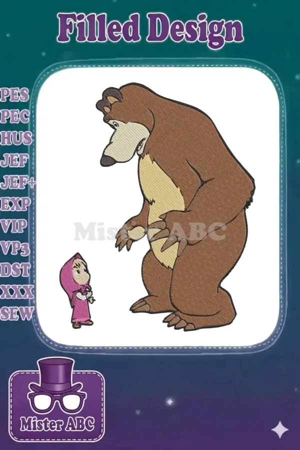 Full-color embroidered design of Masha and the Bear, depicting the duo in a classic, playful pose, ready for any project.