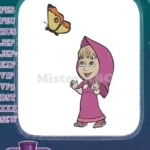 Happy Masha Girl with Flying Butterfly Embroidery Designs - Instant Download