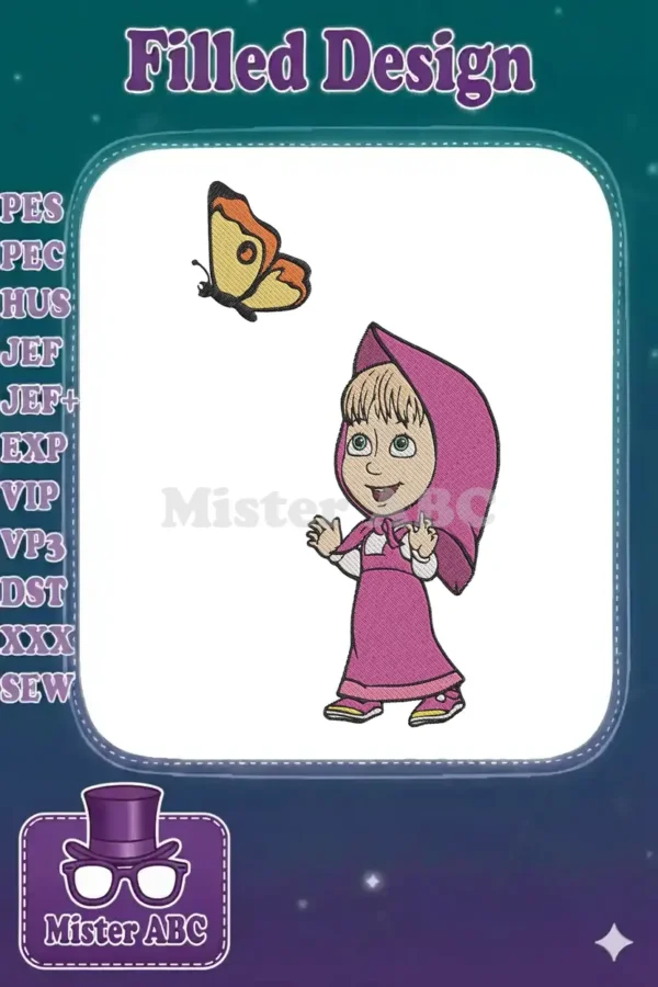 Adorable Masha and the Butterfly embroidery design, featuring Masha in her pink dress gazing at a yellow butterfly.