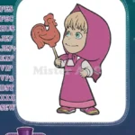 Cute Masha in pink holding rooster lollipop embroidery designs - Instant Download