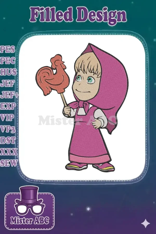 Embroidered Masha design holding a red rooster lollipop, featuring vibrant fill stitches and a playful expression.