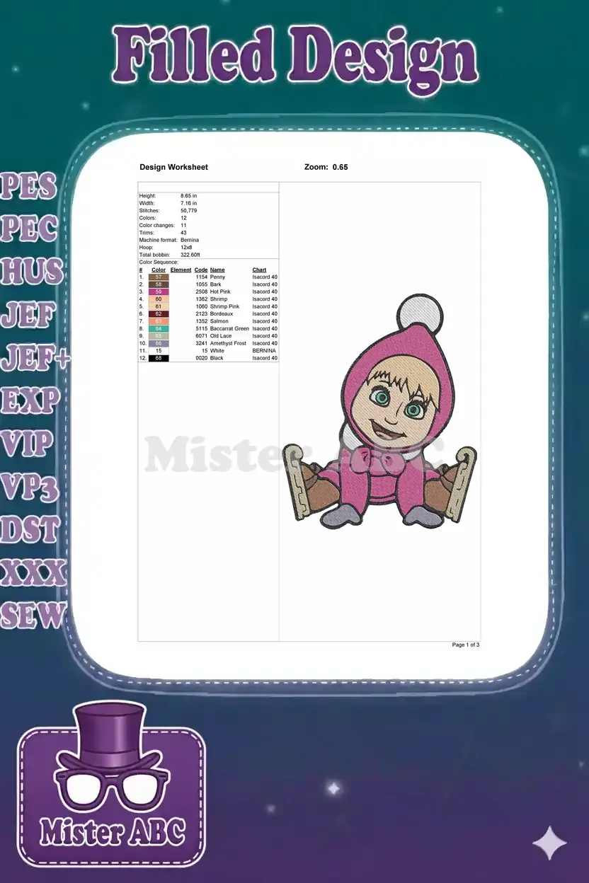 Embroidery design worksheet for Masha with ice skates, showing dimensions, stitch count, colors, and machine info.