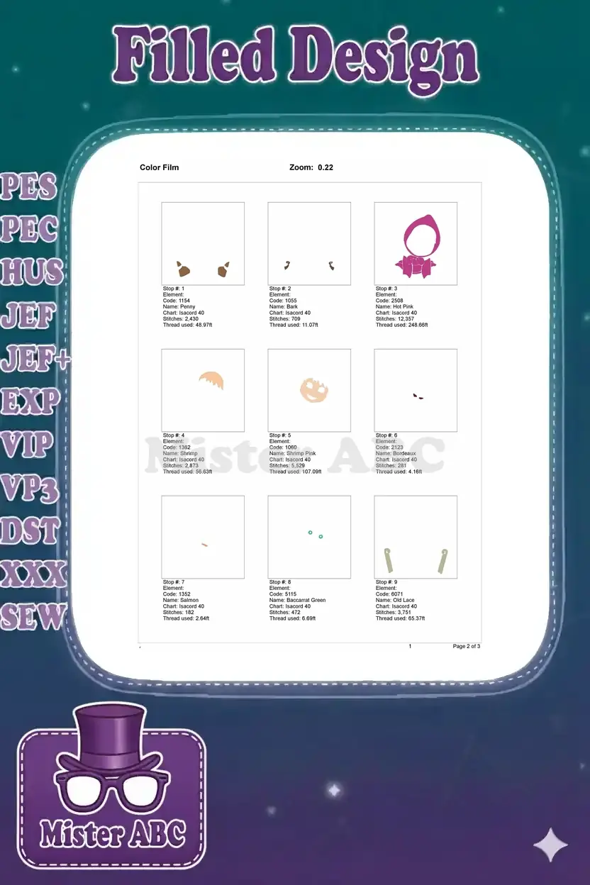 Page 1 of the color film for the Masha embroidery design, showing the first set of stitch stops and thread details.