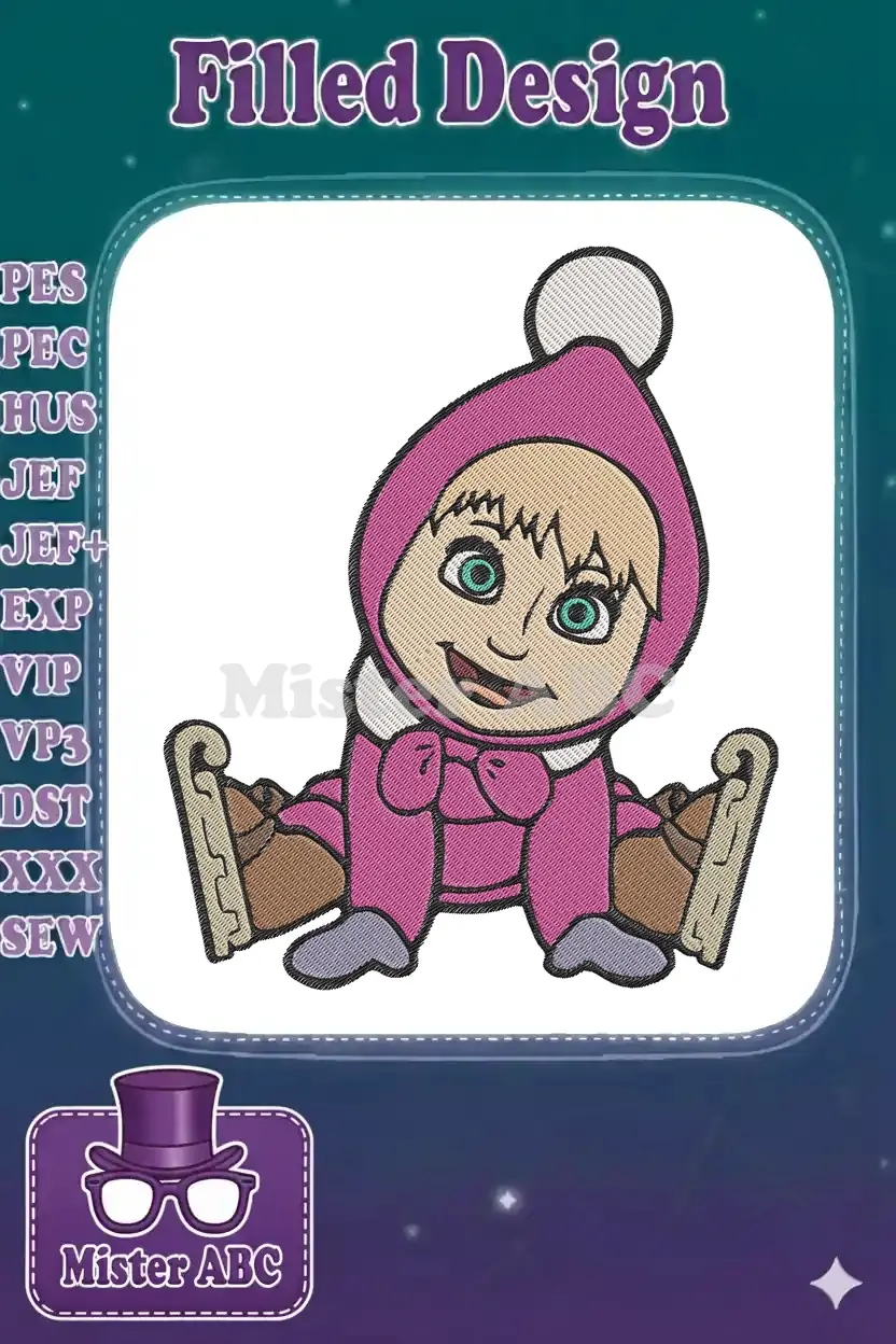 Cheerful Masha embroidery design in a pink winter hat and coat, sitting with ice skates, ready for winter adventures.