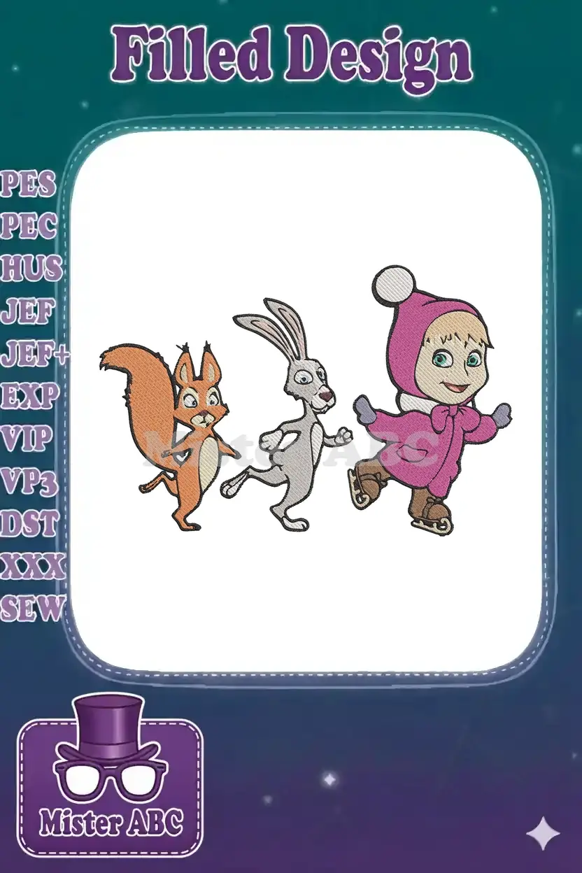 A vibrant machine embroidery design featuring Masha, a squirrel, and a rabbit ice skating together lively.