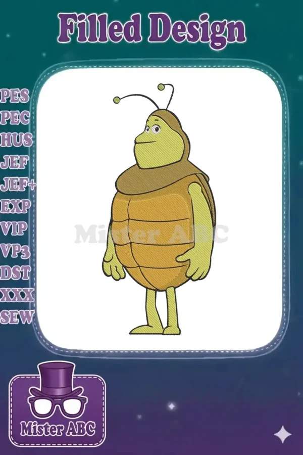 Detailed embroidery of Heimlich from A Bug's Life, depicted as a cheerful, stout beetle in yellow and brown.