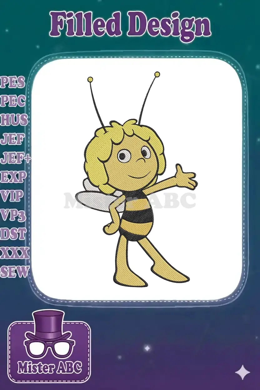 A vibrant embroidery design of Maya the Bee, a cheerful yellow and black striped character, standing with an outstretched arm.