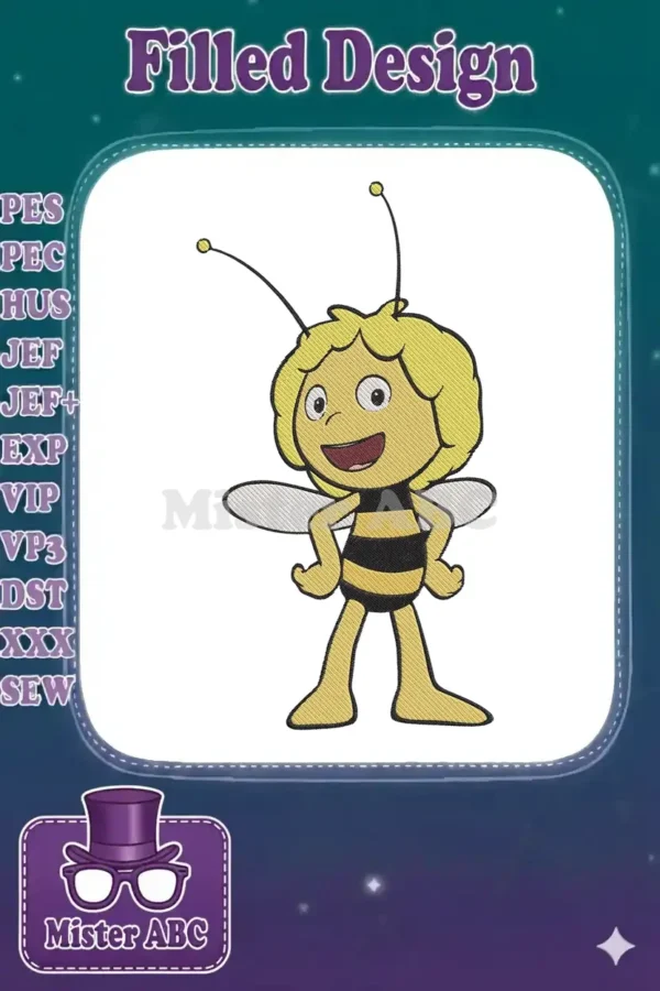 Full-body embroidery design of Maya the Bee, smiling brightly, with yellow hair, black and yellow striped body, and translucent wings.